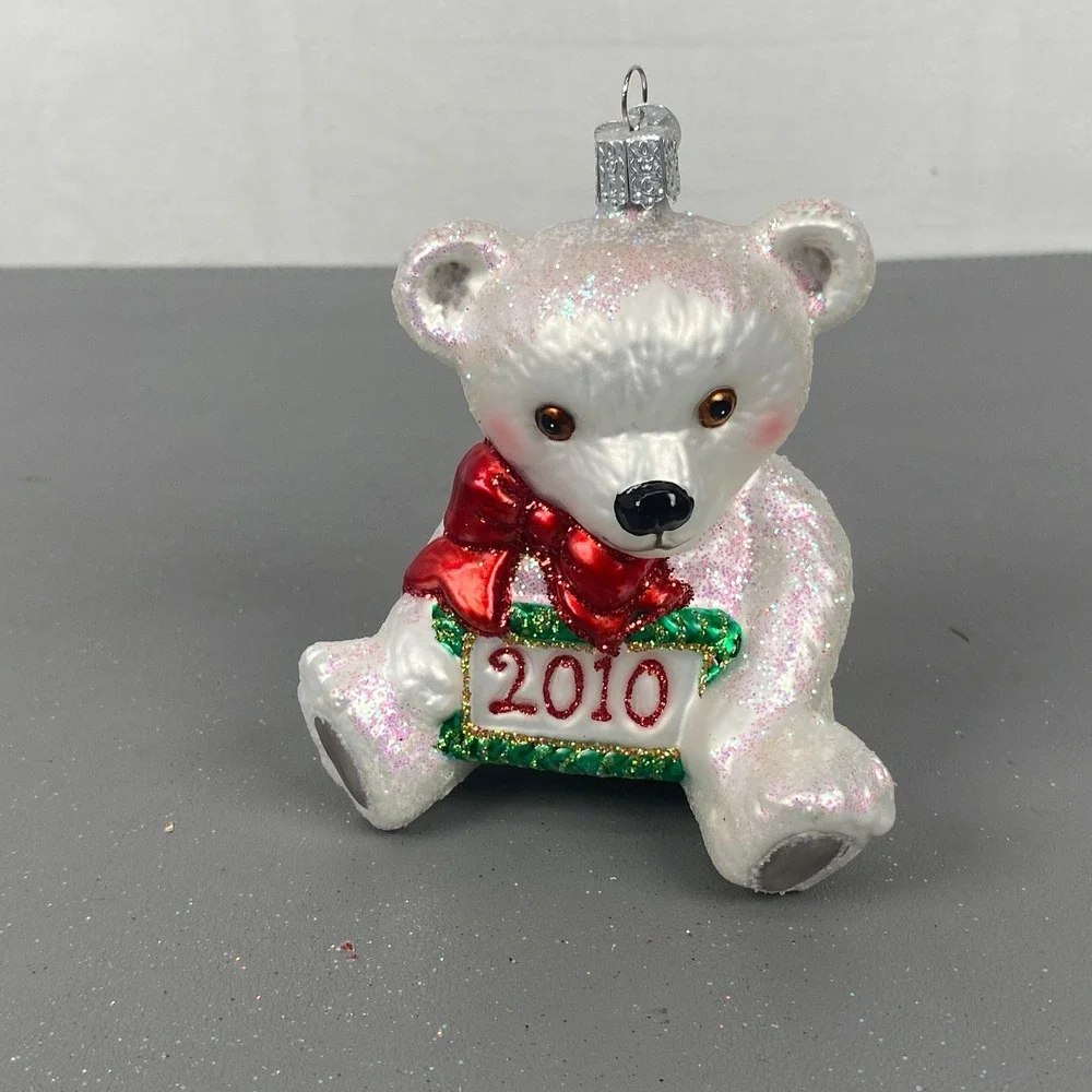 Old World Christmas 2010 Polar Bear Cub Glass Holiday Ornament White Glitter